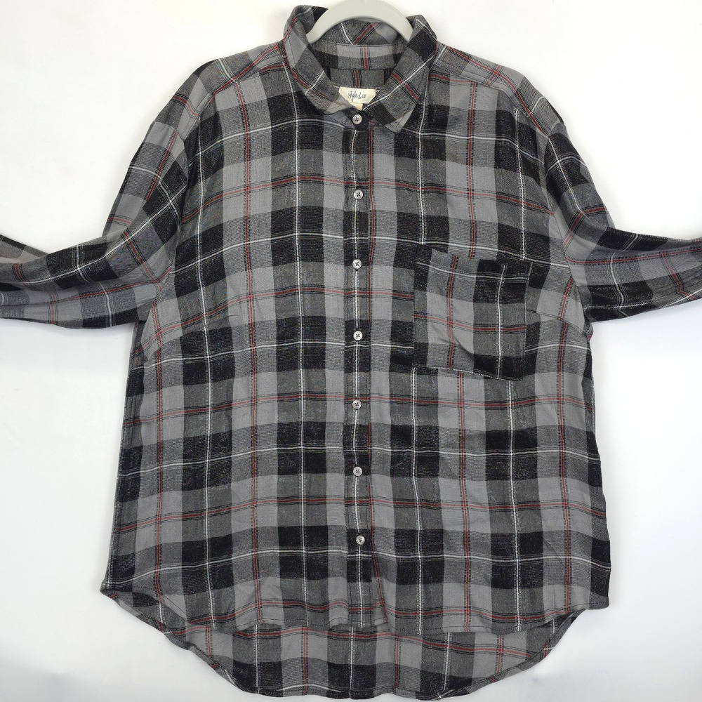 Style & Co Button Front Plaid Gray Black Metallic Women XL Long Sleeve Festive
